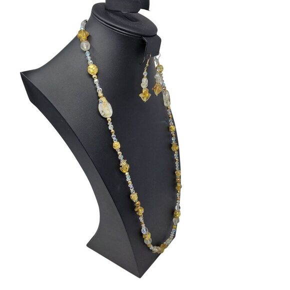 Vintage Princess Necklace Dangle‎ Pierced Earring Set Faux Gold Nugget AB Beads - Picture 15 of 16